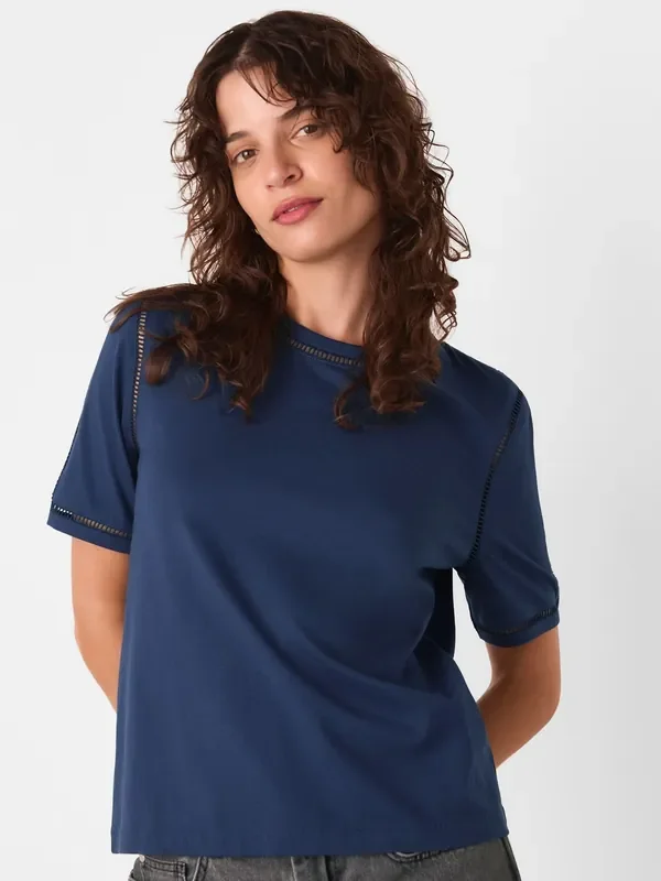 Whistles Blue Broderie Trim Detail T-Shirt