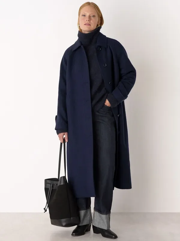 Whistles Blue Collar Detail Long Wool Coat