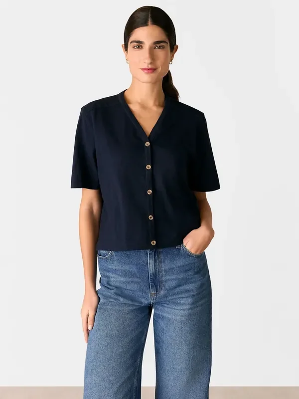 Whistles Blue Ella V-Neck Button Through 100% Cotton T-Shirt