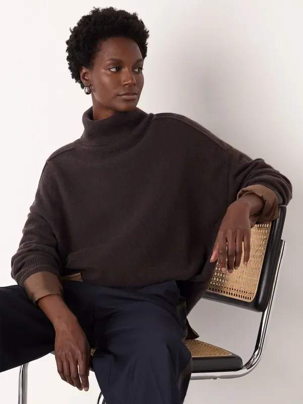 Whistles Brown Cashmere Seam Roll Neck Knit Jumper