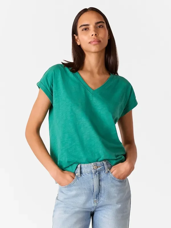 Whistles Green Willa V-Neck Cap Sleeve 100% Cotton T-Shirt