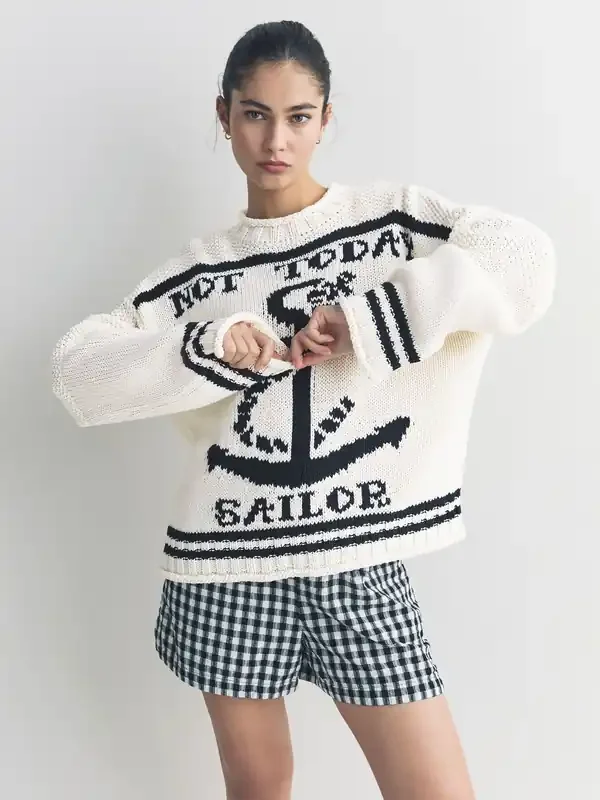 White/Blue Knitted Sailor Slogan Jumper