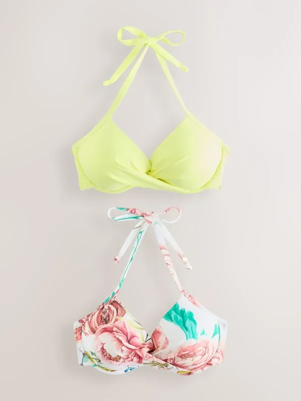 White Floral/Lime Print Padded Wired Bikini Tops 2 Pack