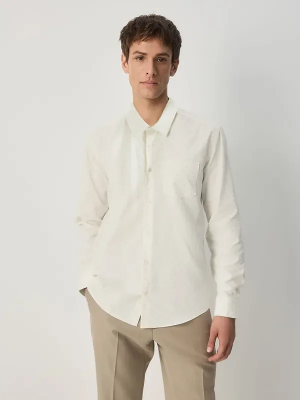 White/Neutral Regular Fit Long Sleeve Embroided Print Smart Shirt