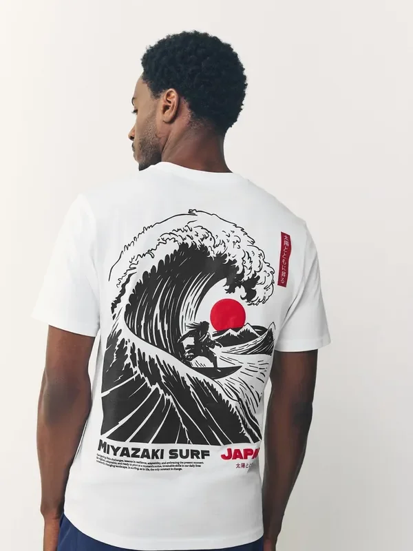 White Regular Fit Japanese Surf Graphic Print T-Shirt