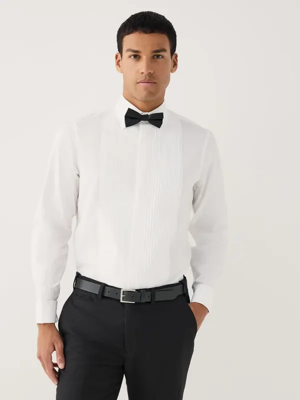 White Regular Fit Occasion Pleated Bib Double Cuff Dress Shirt