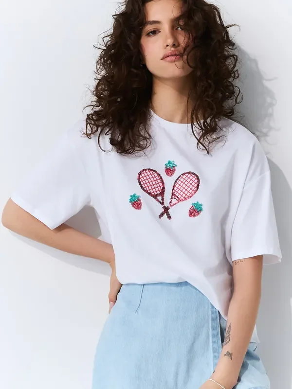 White Short Sleeve Embellished Tennis T-Shirt