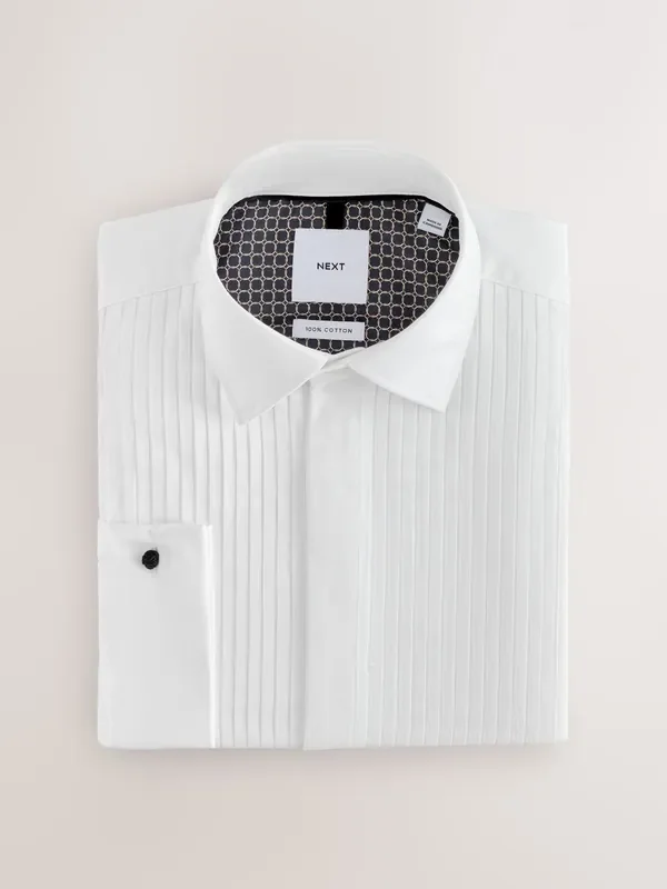 White Slim Fit Occasion Pleated Bib Double Cuff Dress Shirt