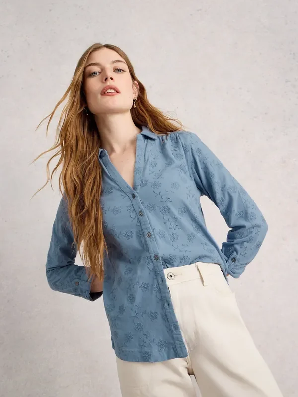 White Stuff Blue Annie Broderie Jersey 100% Cotton Shirt
