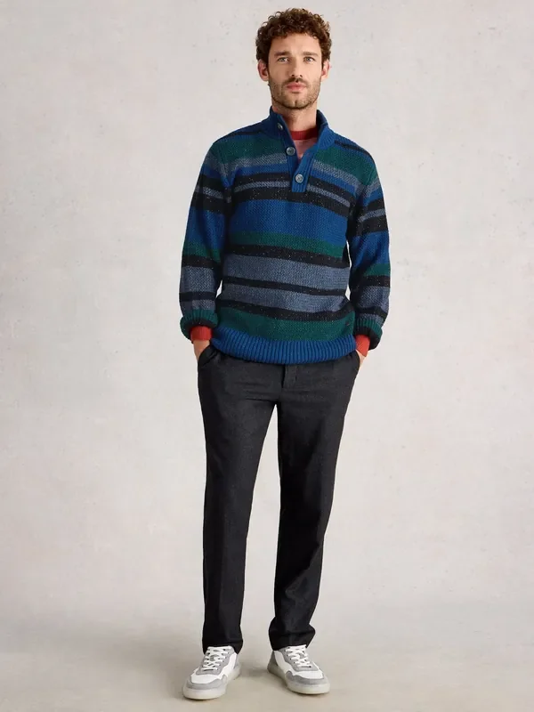 White Stuff Blue Berkley Button Neck Stripe Jumper