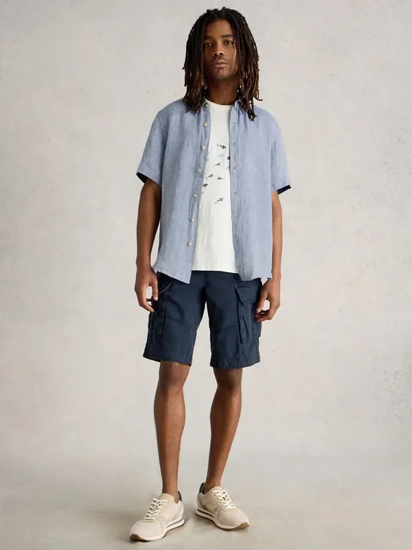 White Stuff Blue Keswick Short Sleeve 100% Linen Shirt
