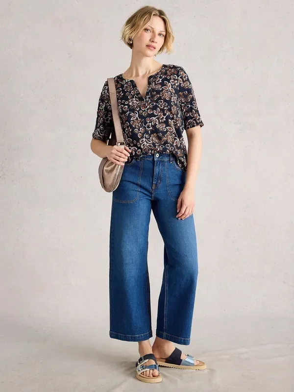 White Stuff Dark Blue Weaver Notch Neck Cotton Top