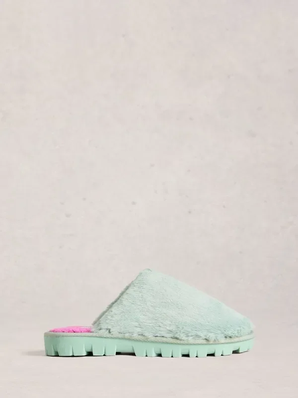 White Stuff Green Faux Fur Mule Slippers