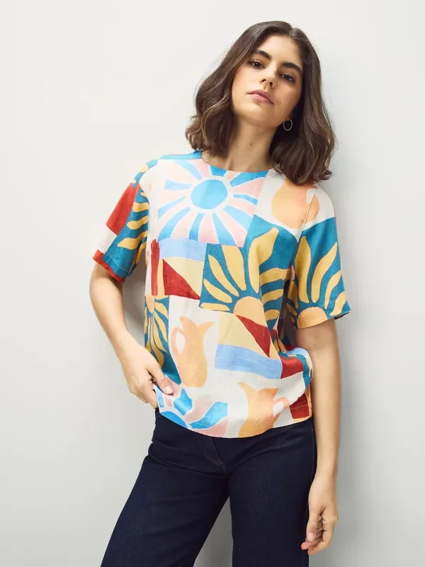 White/Sunshine Print Short Sleeve Boxy T-Shirts 2 Pack with Linen