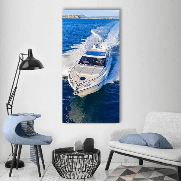 White Yacht In Ocean Vertical Canvas Wall Art
