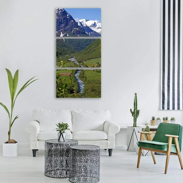Winding River Through Snow-capped Mountain Valley Vertical Canvas Wall Art