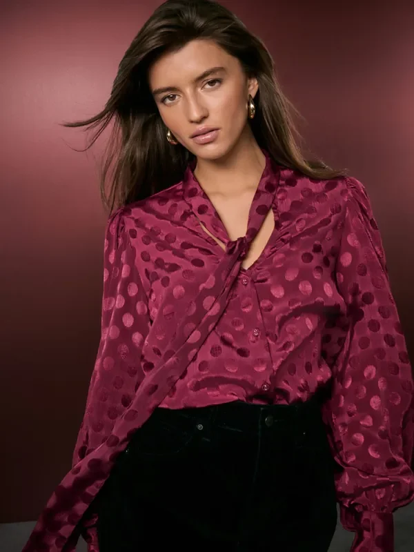 Wine Satin Polka Dot Long Sleeve Tie Neck Blouse