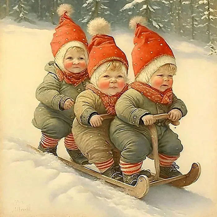 Winter Elves Sledding in the Snow