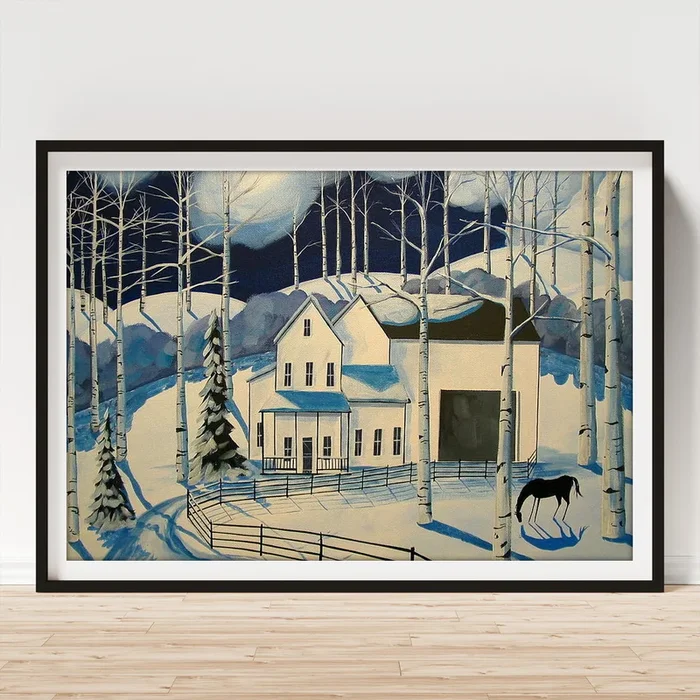 Winter Farm – a folkartmama original – folk art Art Print