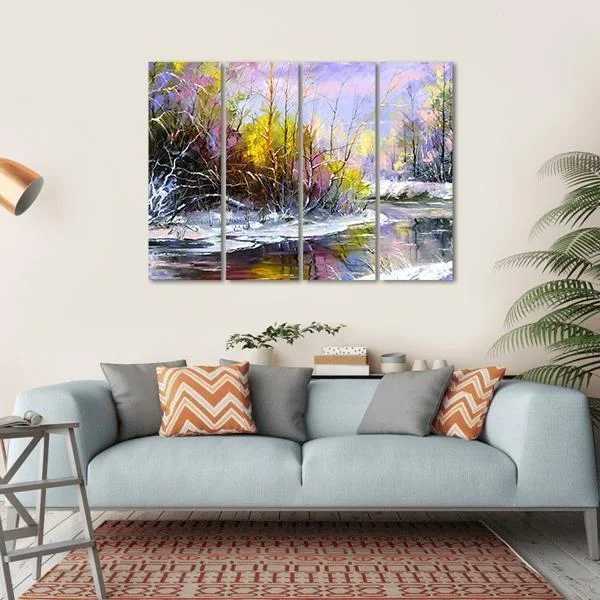 Winter Landscape With Wood River Canvas Wall Art