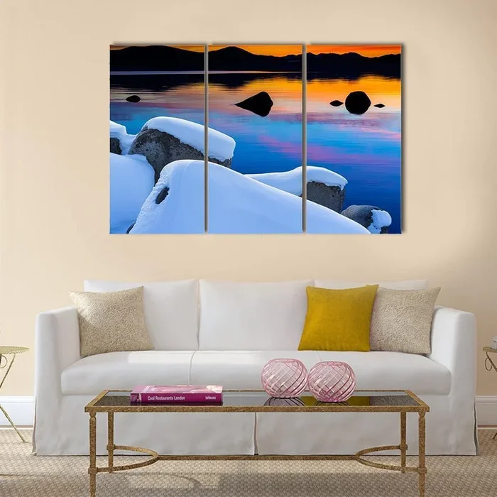 Winter Mountain Lake with Snow-covered Rocks Canvas Wall Art
