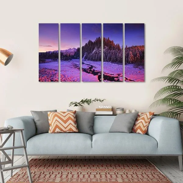 Winter Night Landscape Canvas Wall Art