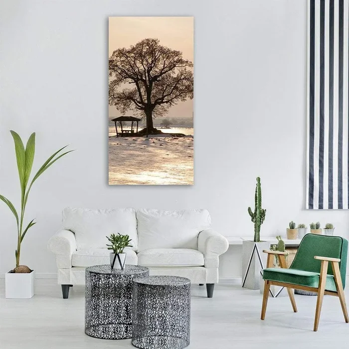 Winter Tree and Gazebo at Sunset Vertical Canvas Wall Art