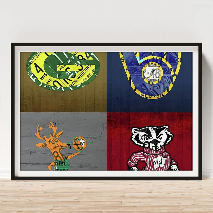Wisconsin Sports Collage with Badgers Brewers Bucks License Plate Art V2 Art Print