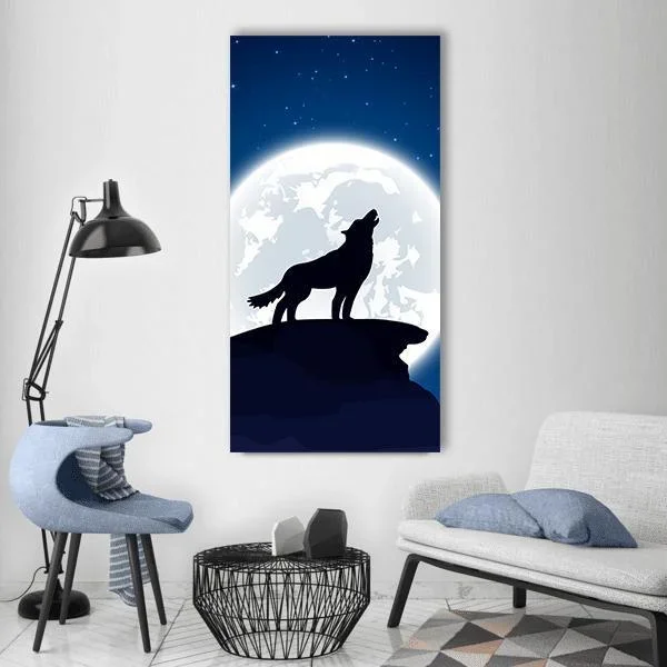 Wolf And Moon Illustration Vertical Canvas Wall Art
