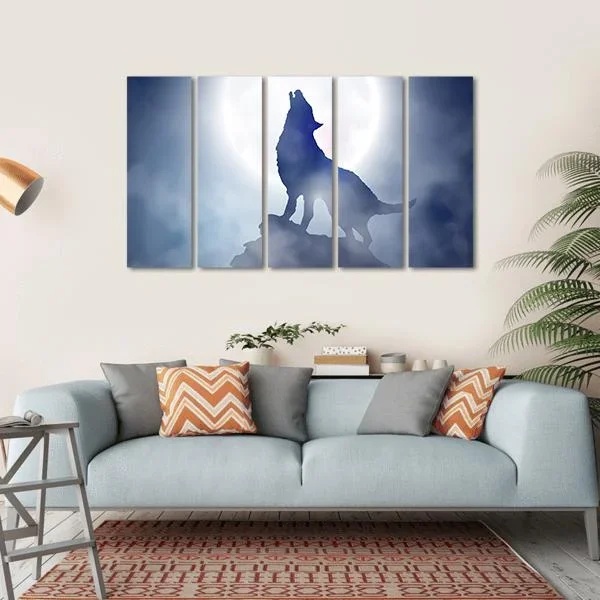 Wolf Howling On Moon Night Canvas Wall Art
