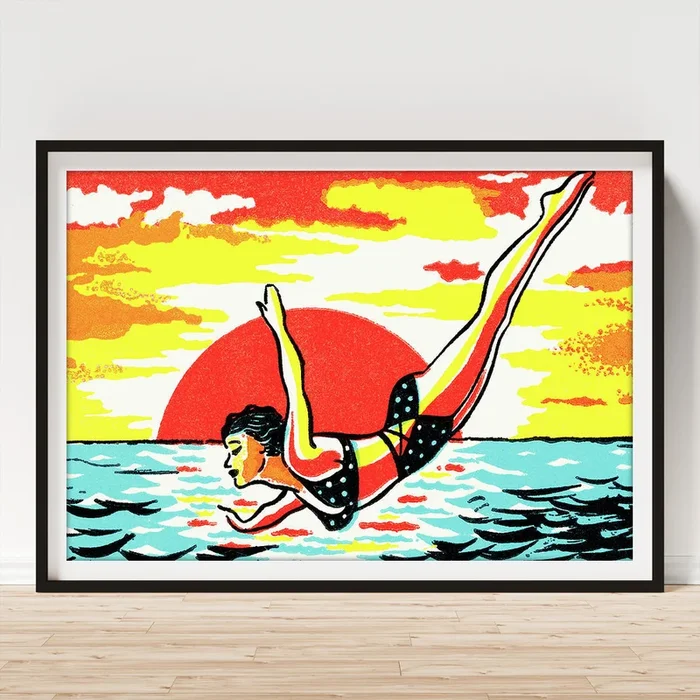Woman in bikini diving Art Print