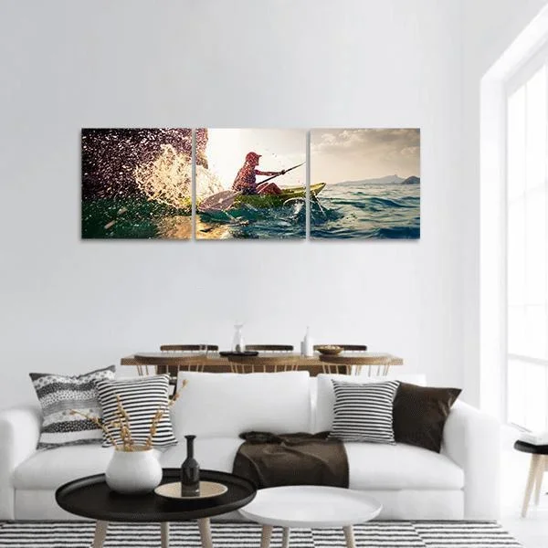 Woman With The Kayak Panoramic Canvas Wall Art