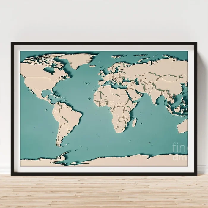 World Map Countries 3D Render Topographic Map Neutral Art Print