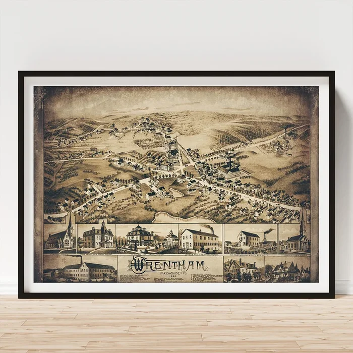 Wrentham Massachusetts Vintage Map Birds Eye View 1888 Sepia Art Print