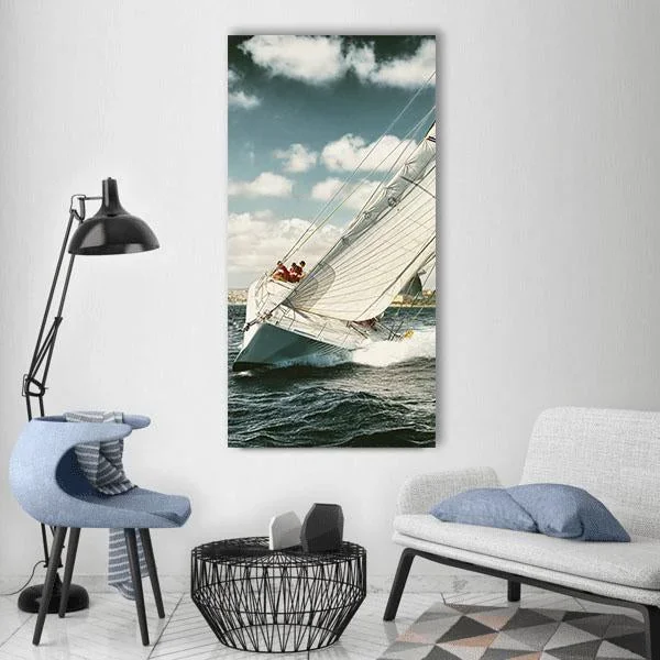 Yacht Illustration In Coastal Area Vertical Canvas Wall Art