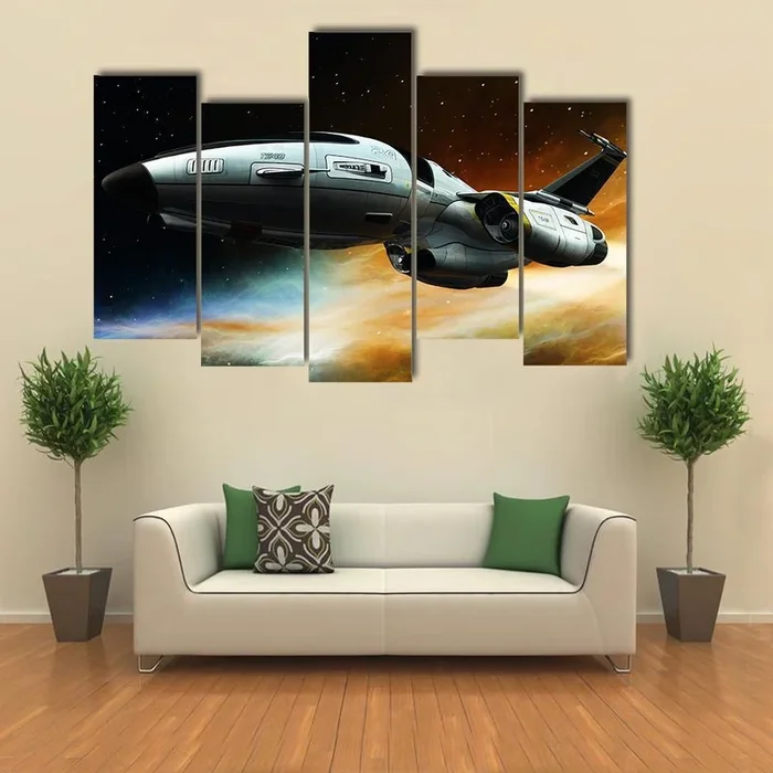 Yellow-accented Spacecraft Over Nebula Canvas Wall Art