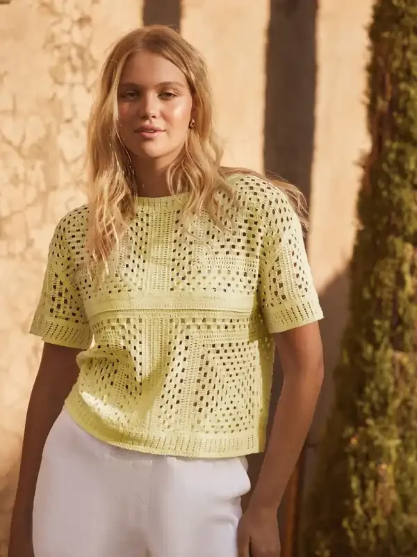 Yellow Buttermilk Short Sleeve Crochet Crew Neck T-Shirt