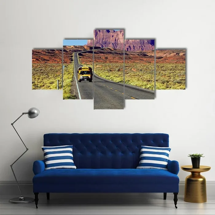 Yellow School Bus on Desert Road Canvas Wall Art