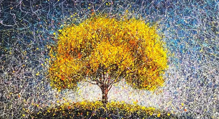 Yellow tree abstraction Modern blue yellow painting Sun Autumn art (2023) Acrylic painting by Nadiia Antoniuk
