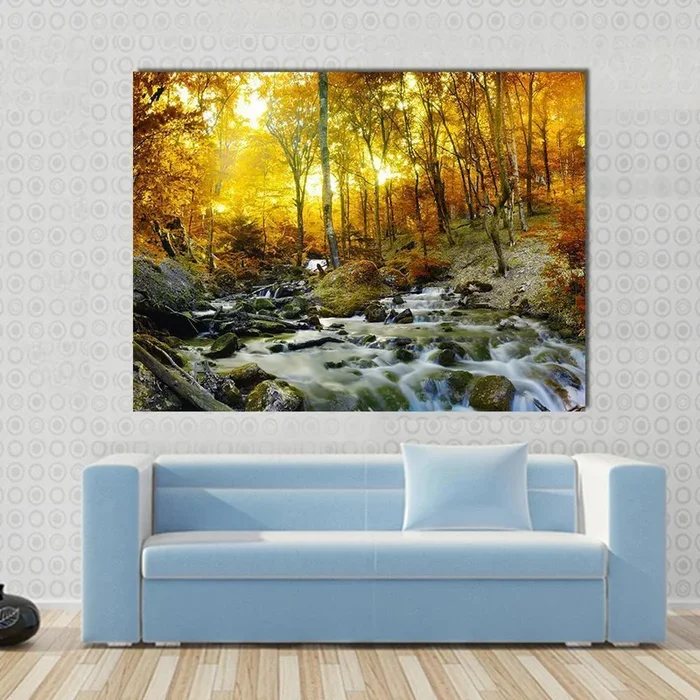 Yellow Trees Foliage and Rocks in Forest Canvas Wall Art