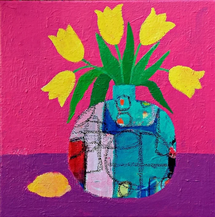 Yellow Tulips and a Lemon (2025) Acrylic painting by Jan Rippingham