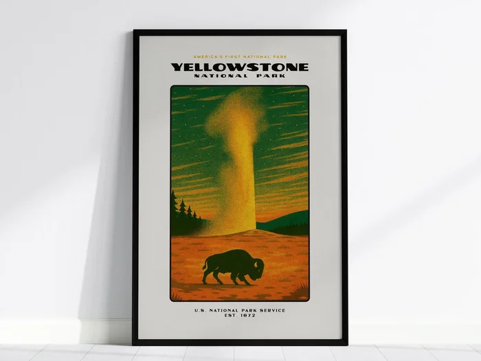 Yellowstone National Park Poster | Vintage WPA-Style Travel Art Print | Retro National Park Wall Decor | Framed or Unframed