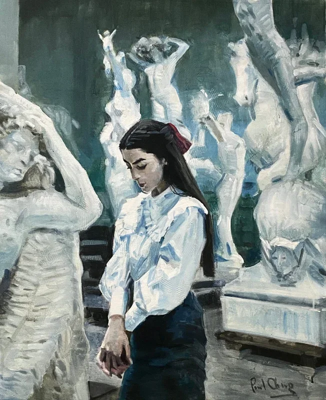Young Women with Sculptures (2024) Acrylic painting by Paul Cheng