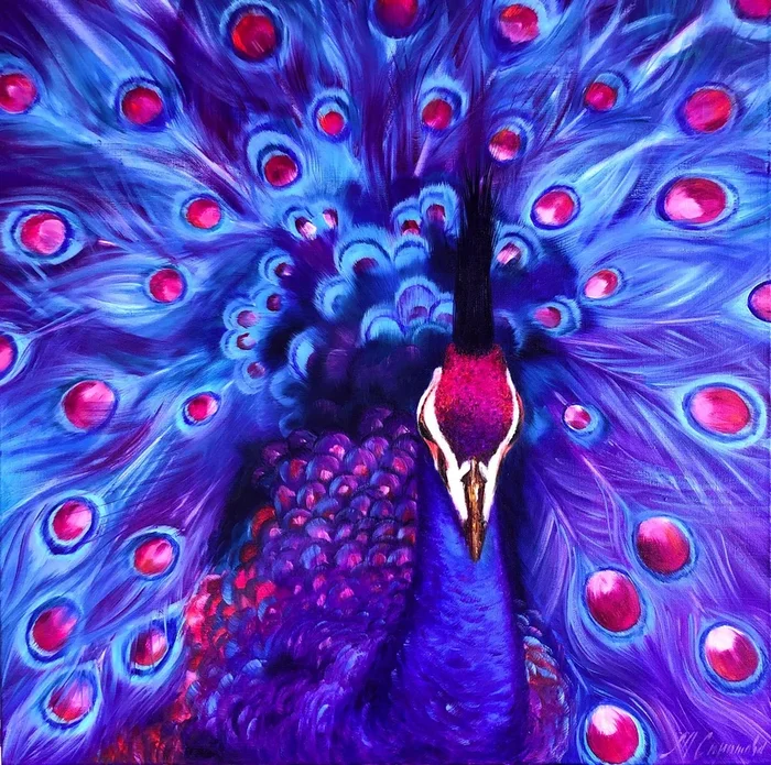YOUR MAJESTY – Bright peacock. Blue bird. Royal peacock. Bird with blue feathers. Crested peacock. Variegated bird. Lush tail. Cute crest. Luxurious. Fairy. (2020) Oil painting by Marina Skromova