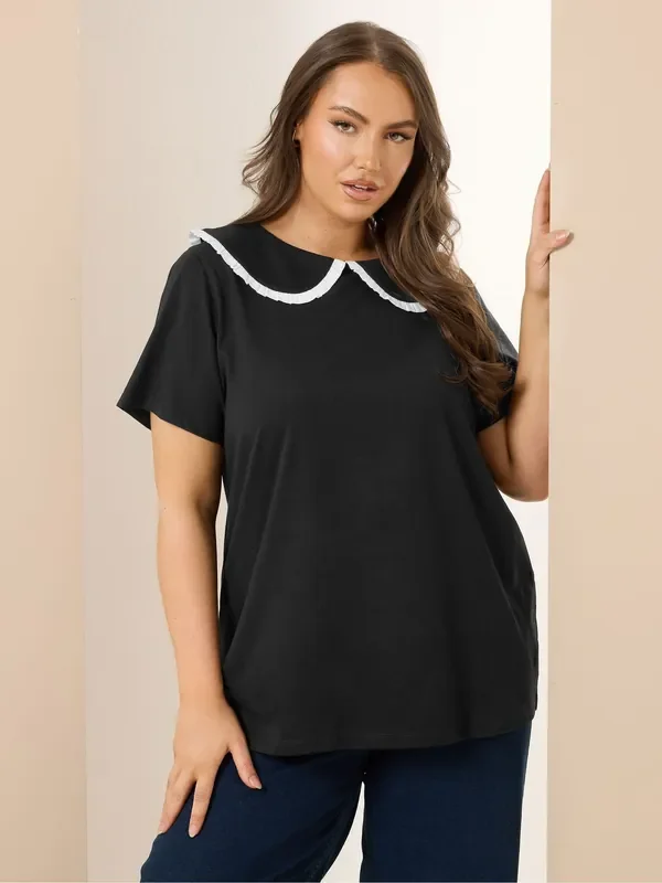 Yours Curve Black chrome Peter Pan Lace Collar Top
