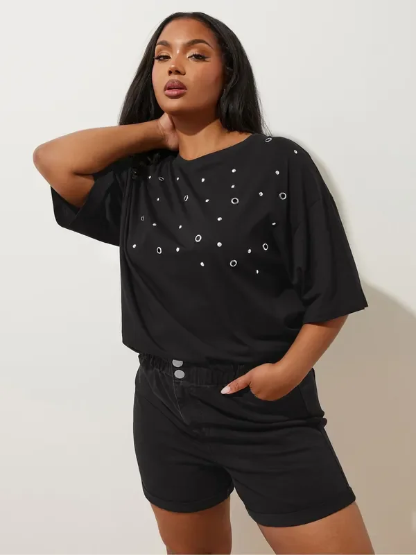 Yours Curve Black Elastic Waist Denim Shorts