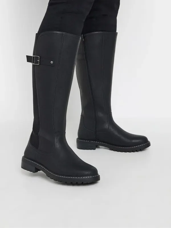 Yours Curve Black Extra-Wide Fit Faux Leather Stretch Knee High Boots