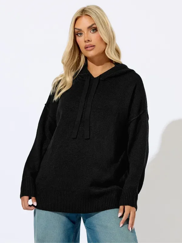 Yours Curve Black Hooded Seam Detail Jumper