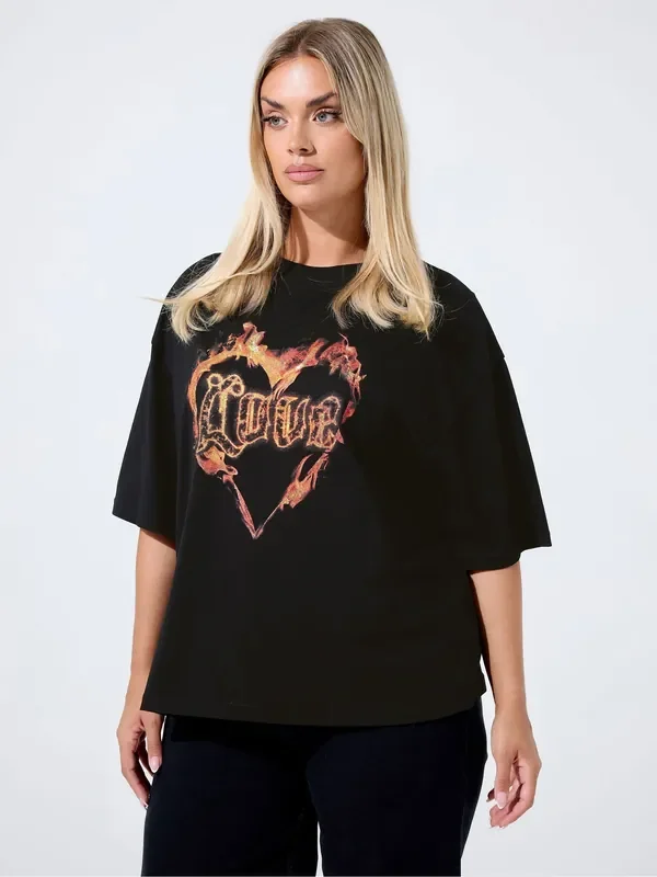 Yours Curve Black Limited Heart Fired T-Shirt