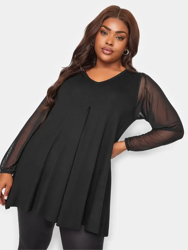 Yours Curve Black Long Sleeve Mesh Pleated Swing Top